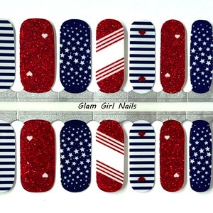 Red White And Blue 4th of July Stars and Stripes and Hearts Nail Polish Strips / Nail Wraps / Nail Art / No-Dry Nail Polish / Nail Stickers