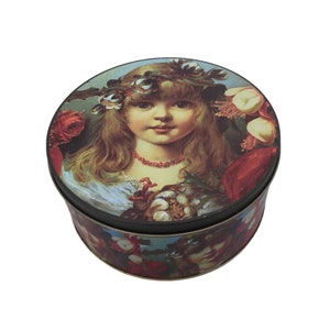 Vintage Victorian Girl With Flowers Round Christmas Tin Pre-Owned