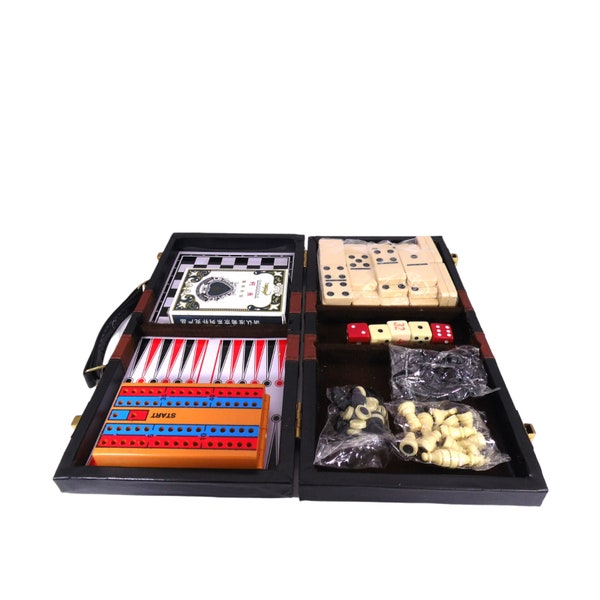 6 in 1 Magnetic Travel Games In Case Dominoes Chess Checkers Backgammon Cribbage Playing Cards Pre-Owned