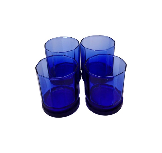 4 Anchor Hocking Cobalt Blue Essex 10 Panel Juice Rocks Glasses