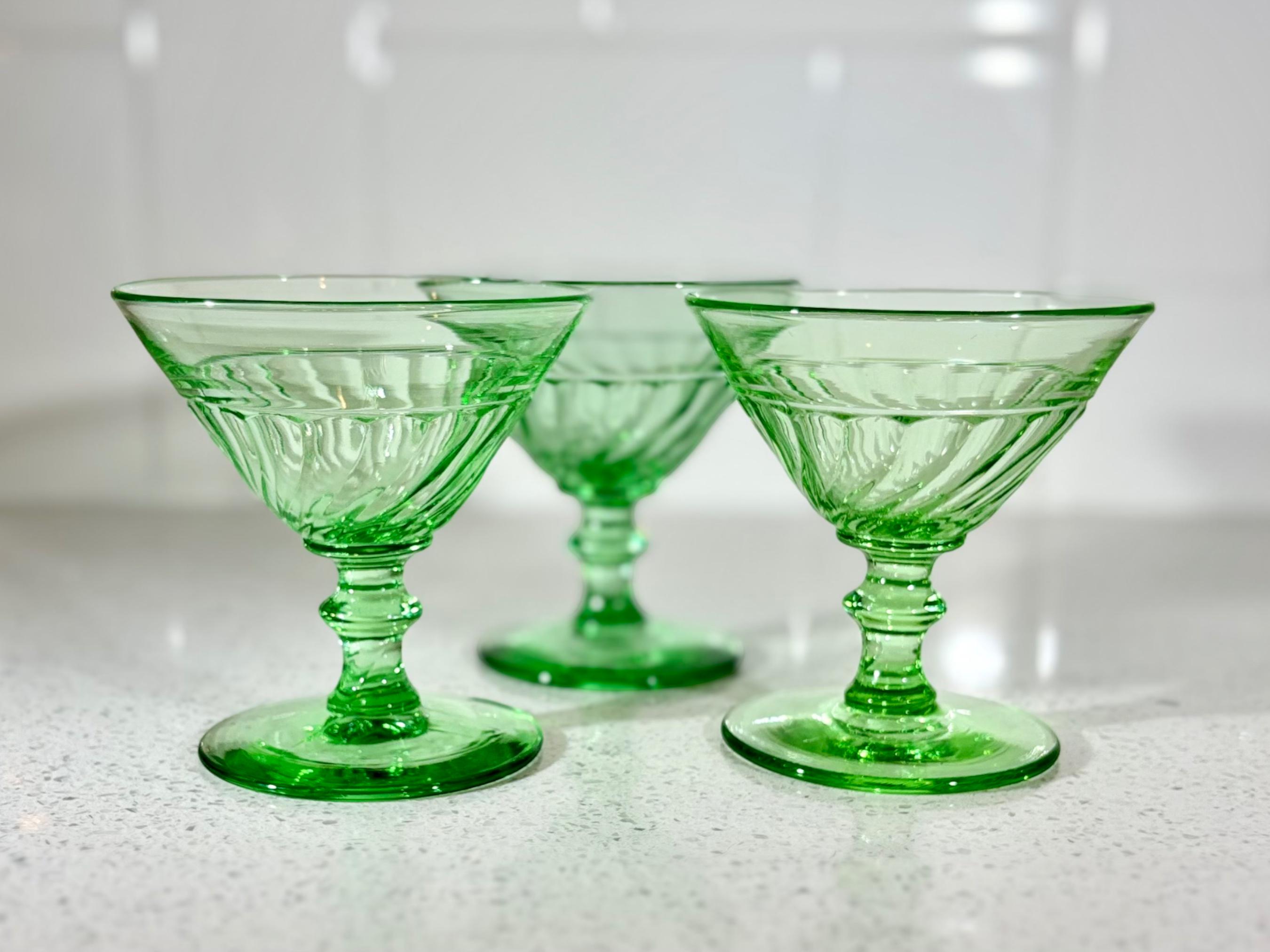3 Duncan & Miller Glass Company Green Stem Wine Glasses Spiral