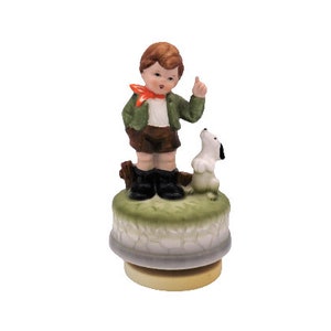 Vintage Boy and Dog Musical Box Figurine , "Edelwiss" Tune- Made in Japan