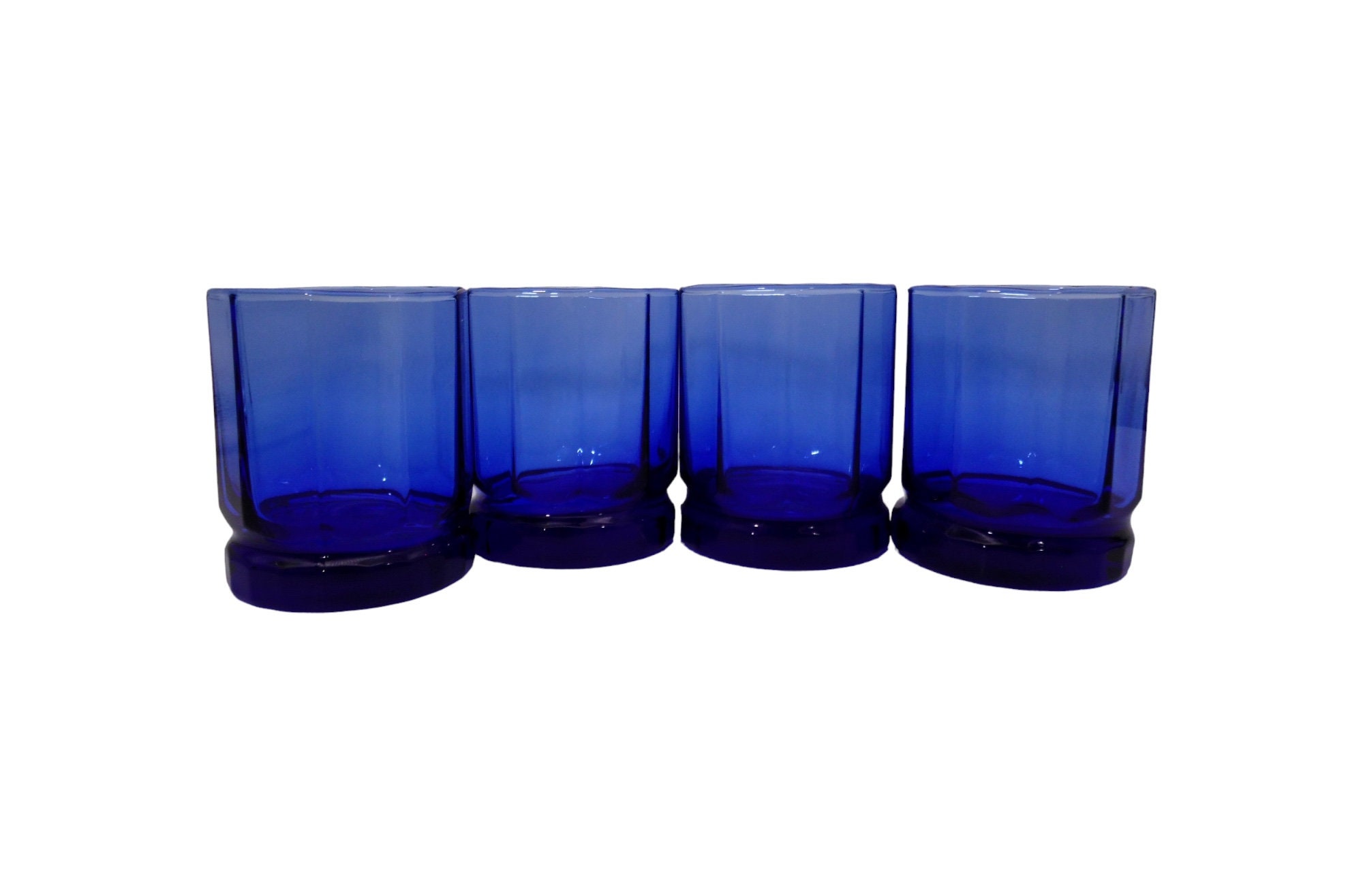 4 Anchor Hocking Cobalt Blue Essex 10 Panel Juice Rocks Glasses