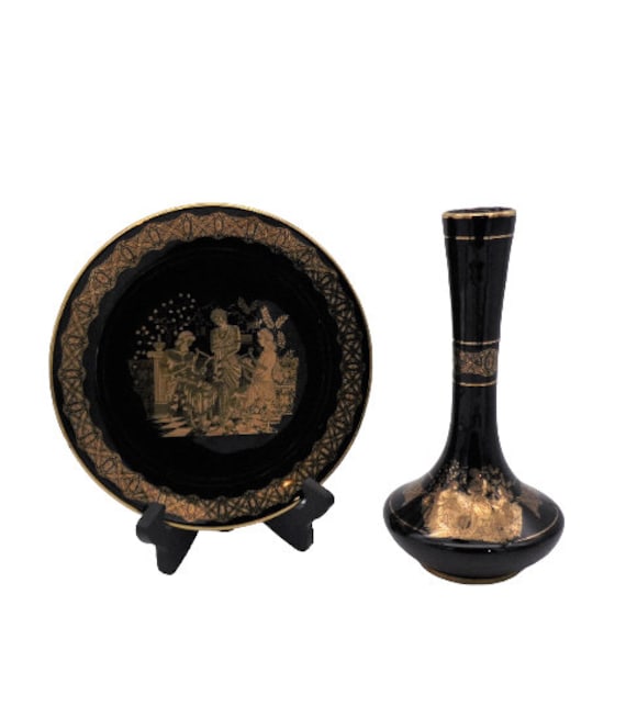 Fakiolas Bud Vase and Plate Hand Made in Greece 24k Gold Pre-owned