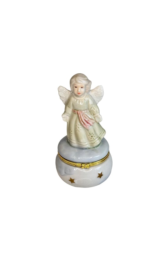Vintage Porcelain Angel Hinged Trinket Box 5” With Gold Stars and
