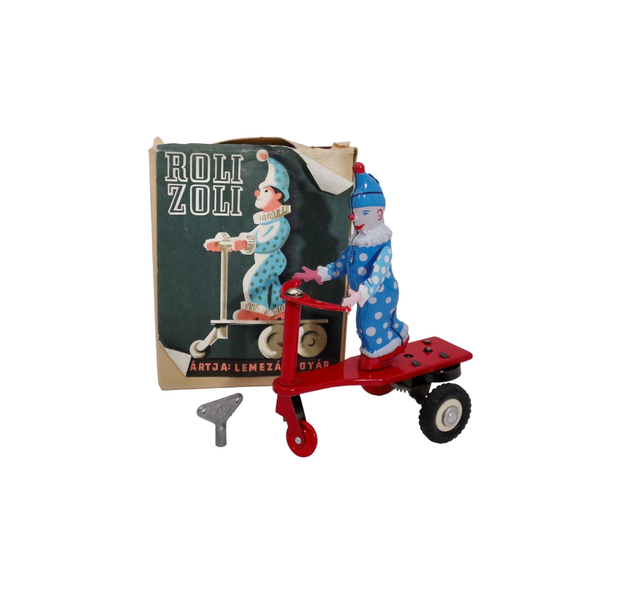 Vintage Roli Zoli Tin Lithographed Clown on Scooter Wind up