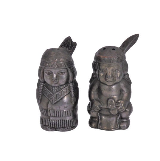 Vintage Metal Salt Pepper Shakers Native American Indian- Made in