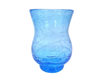 Aqua Blue Art Glass Bubble Vase Threaded Veined Hand Blown Glass Pre-Owned