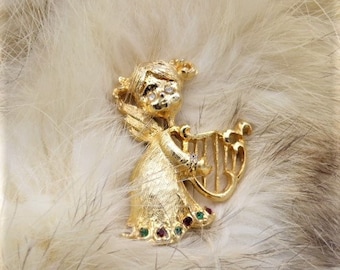 Vintage Angel With Harp Brooch Gold Tone, Rhinestone Eyes & Bottom Of Dress