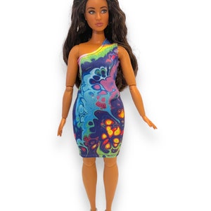 One-shoulder stretch dress for 11.5” realistic curvy doll