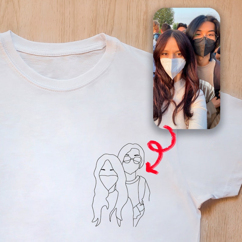 T-shirt portrait BRODÉ, votre photo stylisée, T-shirt avec personnalisation brodée, T-shirt couple unisexe, cadeau Saint Valentin. image 2