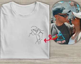 EMBROIDERED portrait T-shirt, your stylized photo, T-shirt with embroidered customization, unisex couple T-shirt, Valentine's Day gift.
