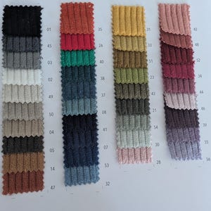 Könnte beinhalten: Eine Stofffarbkarte mit einer Vielzahl von Cord-Stoffmustern. Die Muster sind in vertikalen Spalten angeordnet und zeigen eine Reihe von Farben von Schwarz und Grau bis hin zu leuchtenden Rot-, Grün- und Lilatönen. Jedes Muster ist mit einer Nummer versehen.