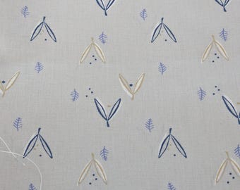 May include: Light gray fabric with a repeating pattern of stylized leaves and sprigs in navy blue and beige. The fabric has a soft, muted color palette, suitable for various sewing and crafting projects.