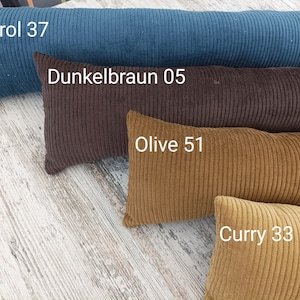 Op de afbeelding: Vier lange, rechthoekige kussens in verschillende kleuren. De kussens zijn gemaakt van corduroy stof. De kleuren zijn petrolblauw, donkerbruin, olijfgroen en currygeel. De kussens zijn gelabeld met hun kleur en een nummer.