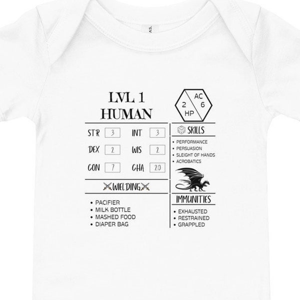 DnD Dungeons And Dragons Baby Bodysuit | LvL 1 Human Character Sheet D&D Baby | Funny Unisex Baby Short Sleeve One Piece