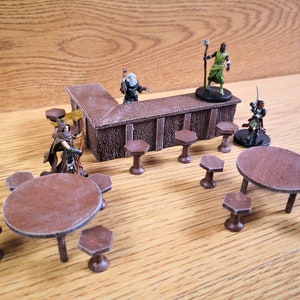 Painted DnD Tavern Furniture Set: Bar and Tables, TTRPG Terrain