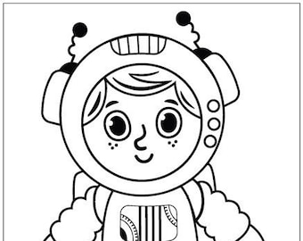 May include: Black and white illustration of a cartoon astronaut. The astronaut is wearing a helmet with antennae, a spacesuit with a rectangular panel, and boots. The image is a line drawing, suitable for coloring.