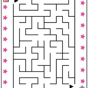 May include: A black and white maze with a unicorn holding a bucket of popcorn at the start and end of the maze. The maze is surrounded by a pink border with white stars.
