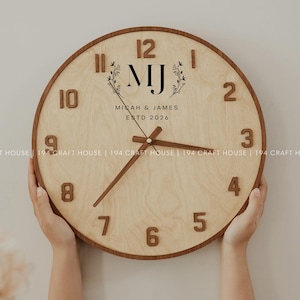Engraved Wood Wall Clock Personalized Gift for New Home, Wedding Anniversary Gift, Office Gifts, Minimalist Wall Art, Home Living Room Decor