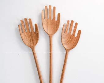 Hand Carved Wooden Salad Servers: Cottagecore Kitchen Utensil Set