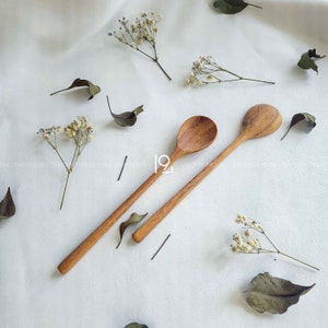 Handmade Korean Style Wooden Long Handle Spoon For Eating, Mixing Stirring Spoon, Wooden Kitchen Utensils, Vintage Coffee Tableware Decor