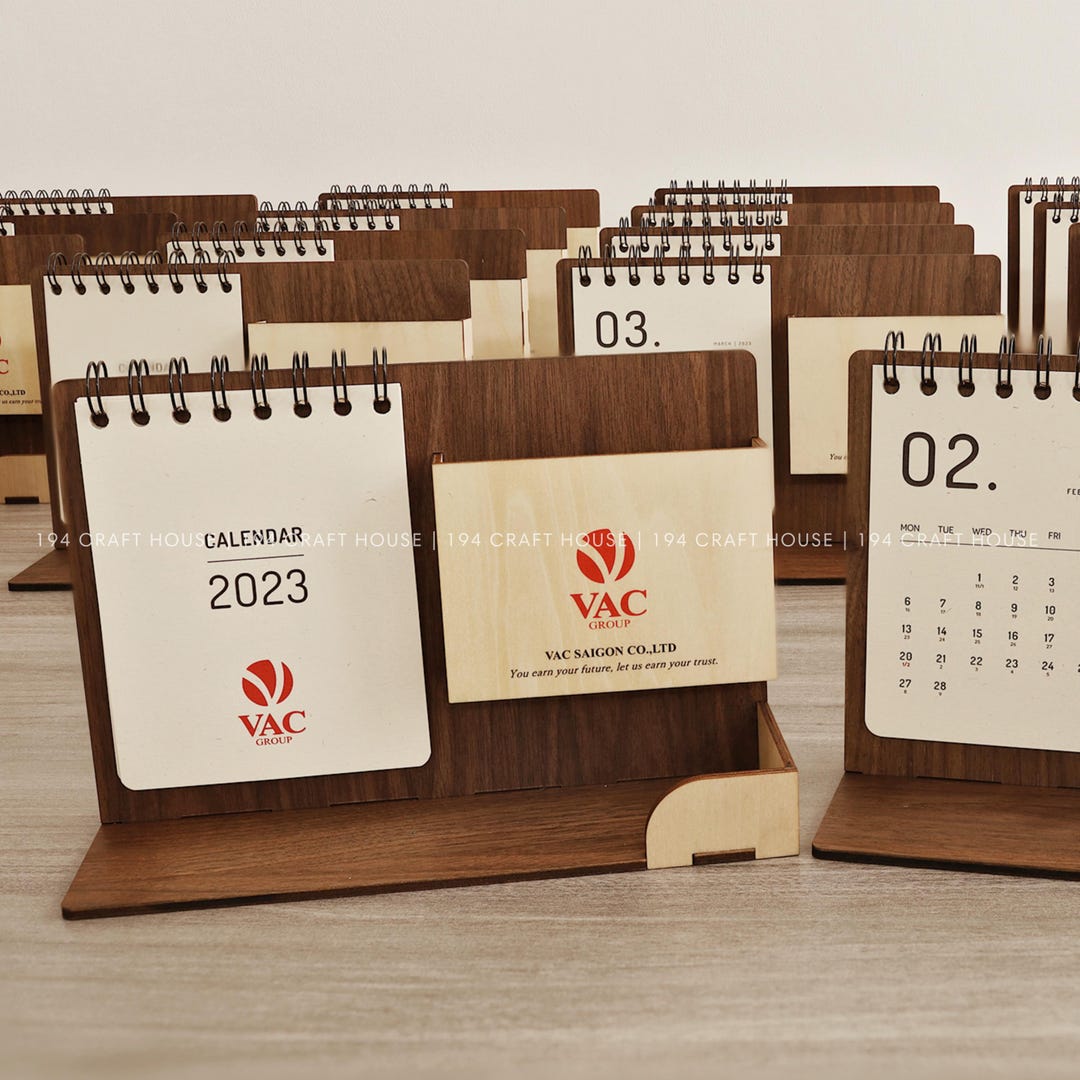 Custom Engraved Walnut Wood Desk Calendar With Pen Holder Corporate 