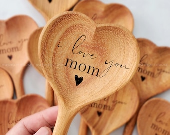 I Love You Mom Laser Engraved Wooden Heart Spoon Handmade Personalized Gift For Mom/ Her/ Wife/ Grandma/ Women/ Chef/ Baker/ Cooking Lover