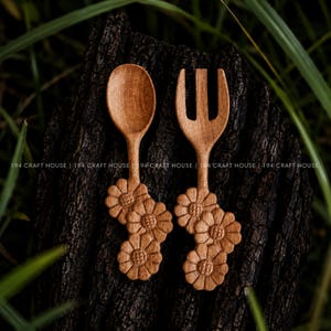 Set di cucchiaio e forchetta con girasoli intagliati a mano, regalo personalizzato per bambini, accessori da cucina in fango, kit per il gioco di ruolo delle pozioni, gioco sensoriale Montessori