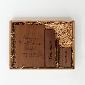 Juego de oficina de madera grabado personalizado con estuche, cuaderno y tarjetero, regalo de cumpleaños personalizado para papá, él, esposo y hombres