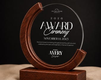 Custom Crystal Award With Wooden Base: Personalized Corporate Award & Trophies, Employee Recognition, Milestones, Leadership, Achievements