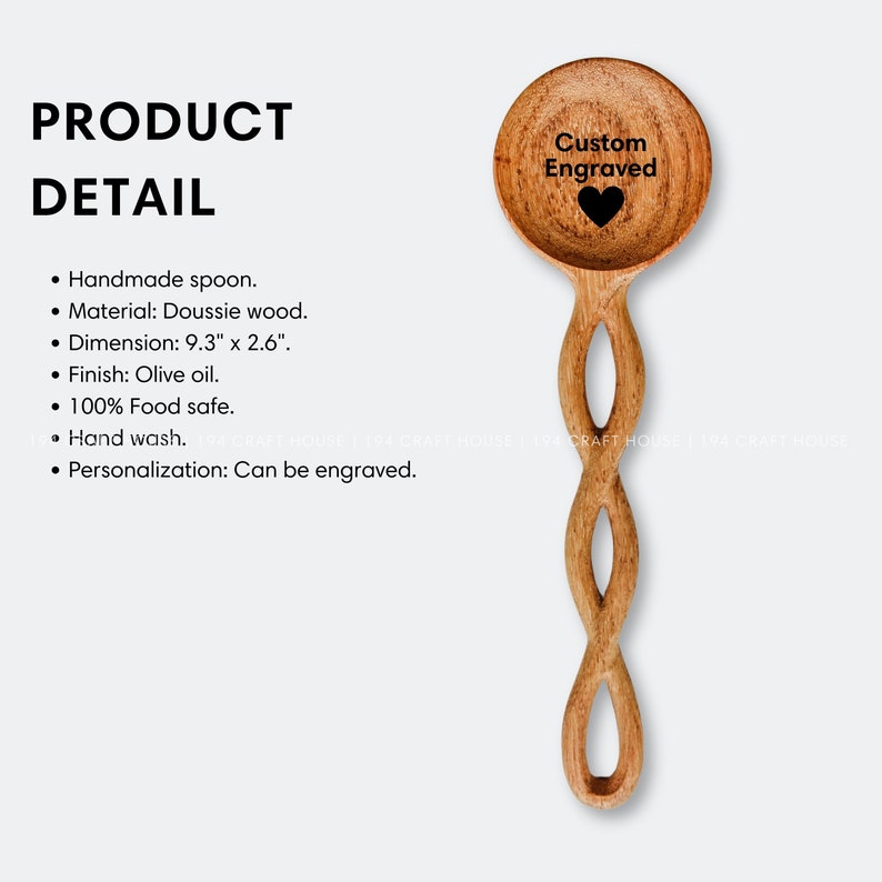 May include: A wooden spoon with a twisted handle and a rounded bowl. The bowl is engraved with the text "Custom Engraved" and a heart. The spoon is 9.3 inches long and 2.6 inches wide.