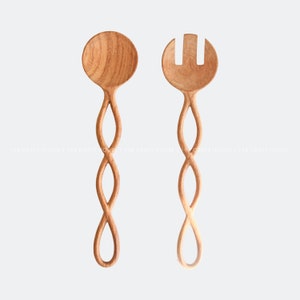 Spiral Handle Wooden Salad Servers Set For Serving Utensils/ Hand Carved Wood Spoon and Fork Set/ Personalized Birthday Gift For Salad Lover