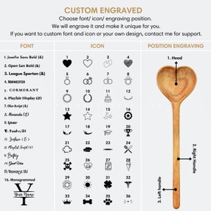 May include: A wooden heart-shaped spoon with a variety of font and icon options for custom engraving. The spoon has a long handle and is shown with three possible engraving positions: head, left handle, and right handle.