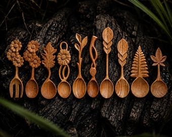 Garfos e colheres de madeira artesanais, presentes personalizados para crianças, utensílios de cozinha de lama, kit de poções, brincadeira sensorial Montessori, brincadeira na natureza.
