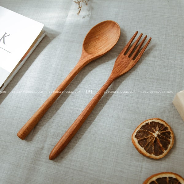 Hand-carved Wooden Fork And Spoon Set Personalized Birthday Gift For Kid, Wooden Kitchen Utensils Gift Set For Eco-Friendly, Vintage Decor