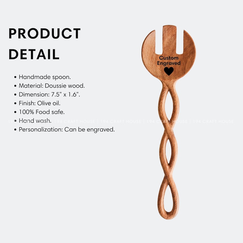 May include: A wooden salad serving spoon with a twisted handle and a fork at the top. The spoon is 7.5 inches long and 1.6 inches wide. The spoon is made of Doussie wood and has an olive oil finish. The spoon is 100% food safe and can be hand washed. The spoon is engraved with the words "Custom Engraved" and a heart.