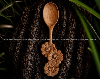 Colher de madeira personalizada com flores para servir café e chá, acessórios de cozinha de barro, brincadeira de cozinhar poções, presentes para jardim de fadas para crianças.