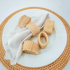 Lot de 6 ronds de serviette en rotin, automne/Action de grâces/Noël/Vacances décoration de table à manger, bohème/ferme/cadre de table de mariage vintage