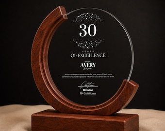 Custom Crystal Trophy Award with Wood Base: Personalized Year of Service Award Plaque, Work Anniversary Gift, Employee Recognition Award