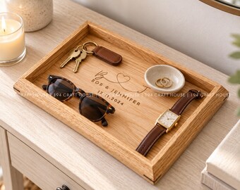 Personalized Catchall Tray for Desk Organizer Wood Valet Tray for Men, Gift for Dad, Wedding Gifts for Couples, Minimalist Office Decor
