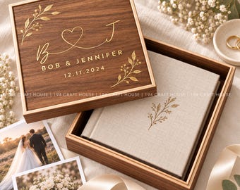 Personalized Walnut Wedding Photo Album & Keepsake Box With Custom Engraved/ Gold Foil Name, Date, Monogram, Initials, Wedding Memory Box