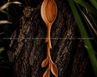 Colher de madeira artesanal em formato de folha, presente personalizado para amantes de café e chá, colher para ervas, utensílios de cozinha de madeira, decoração de cozinha estilo cottagecore.