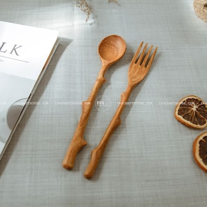 Handmade Wooden Spoon and Fork Set Personalized Birthday Gift For Her, Wooden Serving Utensils, Eco Kitchen Gift, Vintage Coffee Table Decor