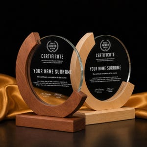 Personalized Crystal Glass Trophy with Wood Base: Custom Engraved Award Plaque Corporate Gifts for Clients, Employees Recognition Gifts