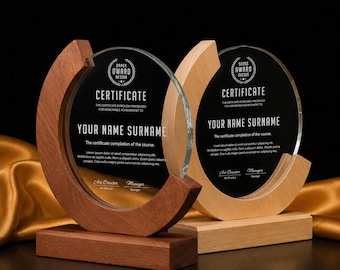 Personalized Crystal Glass Trophy with Wood Base: Custom Engraved Award Plaque Corporate Gifts for Clients, Employees Recognition Gifts