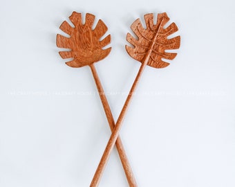 Monstera Salad Servers: Handmade Doussie Wood Serving Utensils