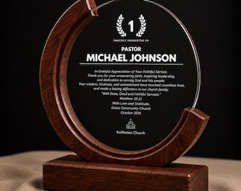 Personalized Pastor Appreciation Gifts: Crystal Award with Wood Base Gift for Church Anniversary, Retirement Award, Corporate Recognition
