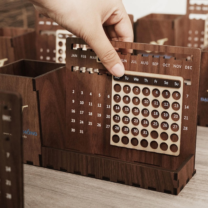 Custom Multi-function Perpetual Desk Calendar With Pen & Pencils Holder ...