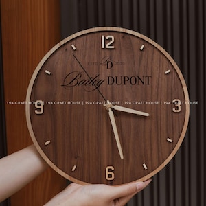 Custom Engraved Wooden Wall Clock Personalized Gift For Housewarming, Wedding, Office, Mid Century Modern Home Decor, Minimalist Wall Art